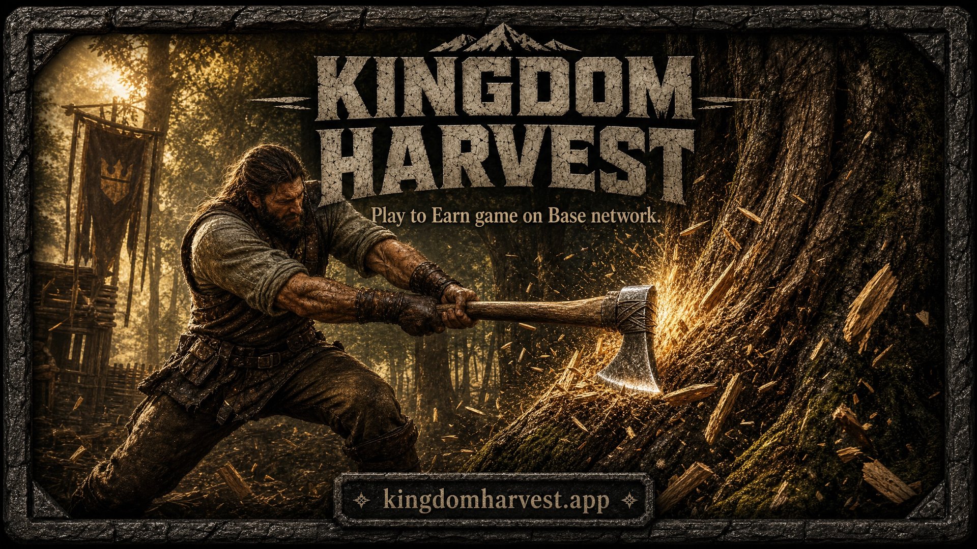 Kingdom Harvest — a warrior chops into an ancient tree, sparks flying, in a fortified forest settlement